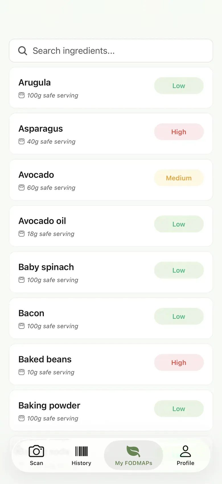 Belly Buddy My FODMAPs screen listing ingredients with their safe serving size