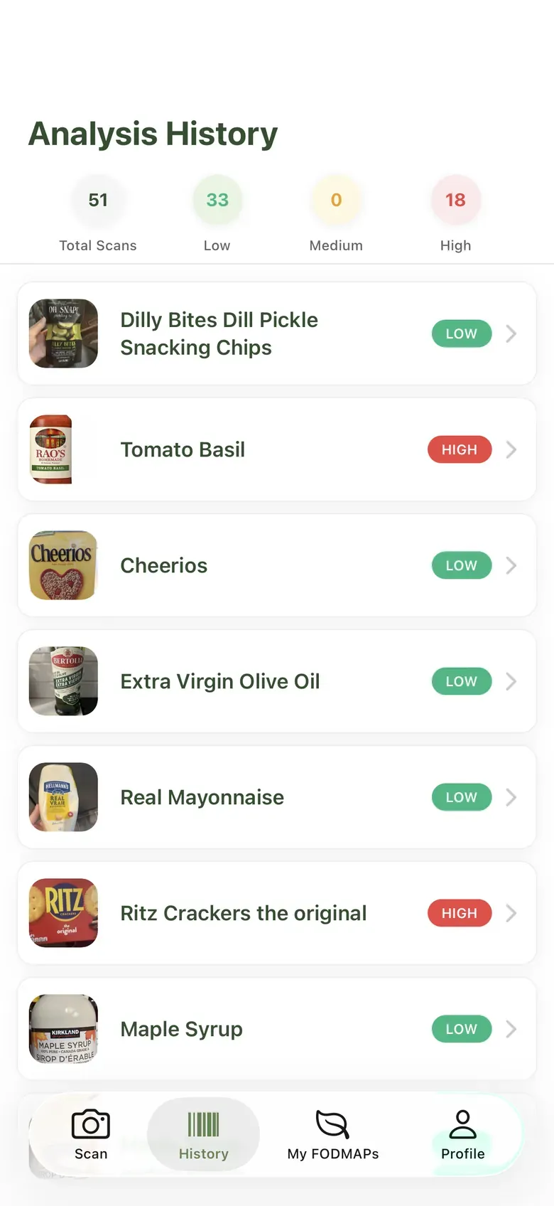 Belly Buddy history screen listing past scans with their FODMAP level