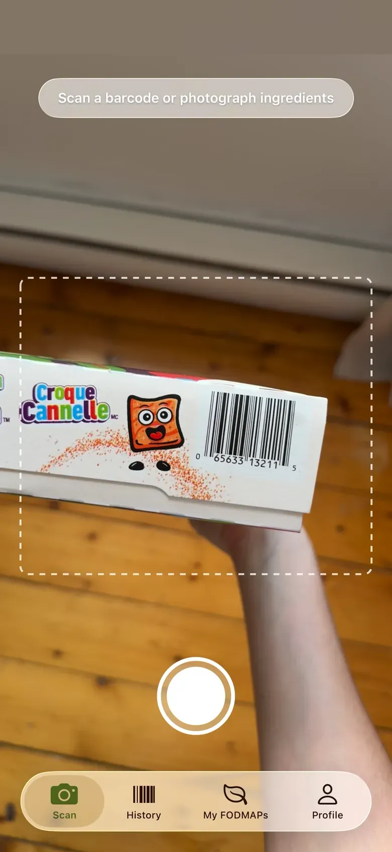 Belly Buddy scan screen, the camera pointed at a cereal box barcode